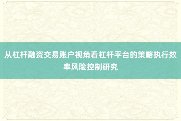 从杠杆融资交易账户视角看杠杆平台的策略执行效率风险控制研究
