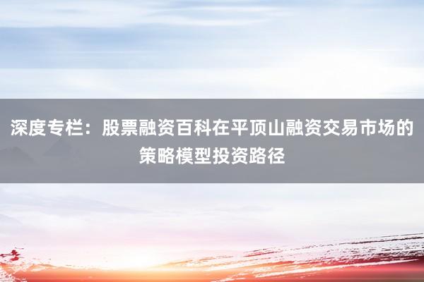深度专栏：股票融资百科在平顶山融资交易市场的策略模型投资路径
