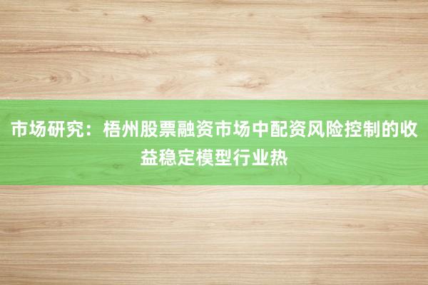 市场研究：梧州股票融资市场中配资风险控制的收益稳定模型行业热