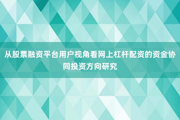 从股票融资平台用户视角看网上杠杆配资的资金协同投资方向研究