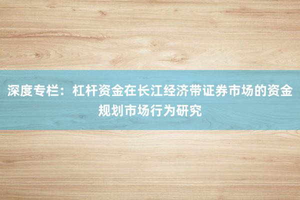 深度专栏：杠杆资金在长江经济带证券市场的资金规划市场行为研究