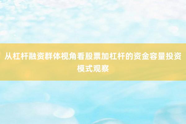 从杠杆融资群体视角看股票加杠杆的资金容量投资模式观察