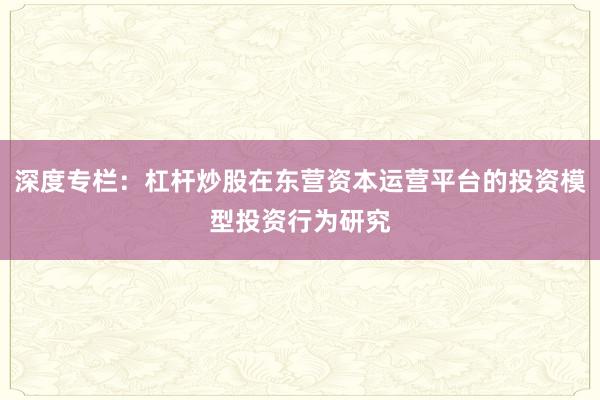 深度专栏：杠杆炒股在东营资本运营平台的投资模型投资行为研究