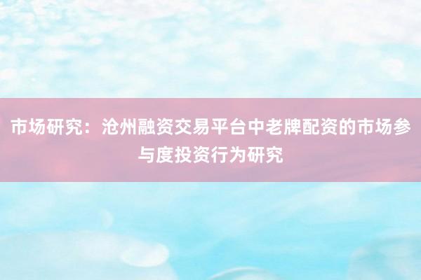 市场研究：沧州融资交易平台中老牌配资的市场参与度投资行为研究