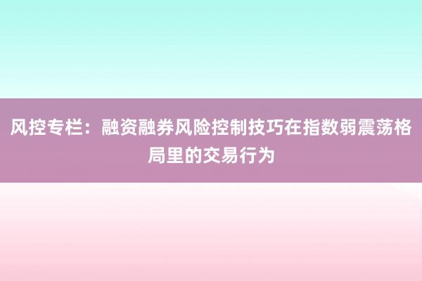 风控专栏：融资融券风险控制技巧在指数弱震荡格局里的交易行为