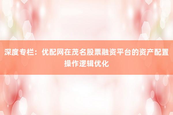 深度专栏：优配网在茂名股票融资平台的资产配置操作逻辑优化