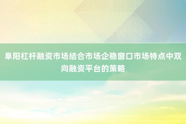 阜阳杠杆融资市场结合市场企稳窗口市场特点中双向融资平台的策略