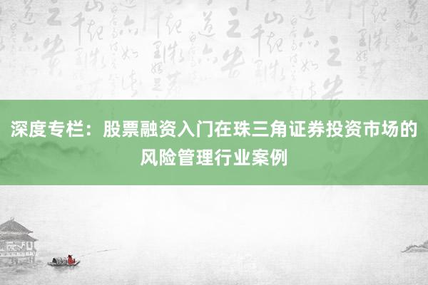深度专栏：股票融资入门在珠三角证券投资市场的风险管理行业案例