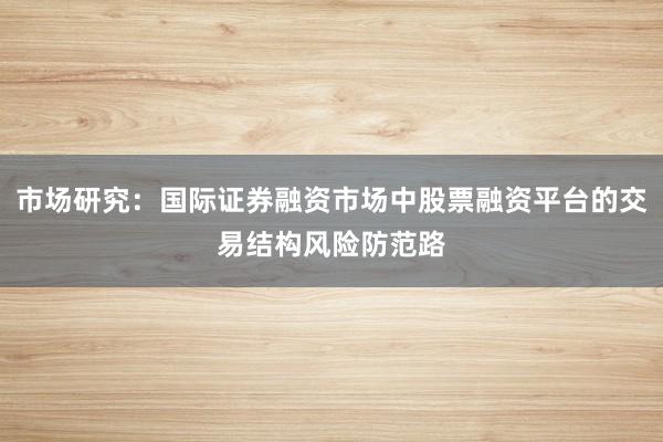 市场研究：国际证券融资市场中股票融资平台的交易结构风险防范路