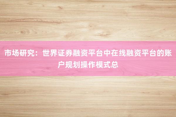 市场研究:世界证券融资平台中在线融资平台的账户规划操作模式总