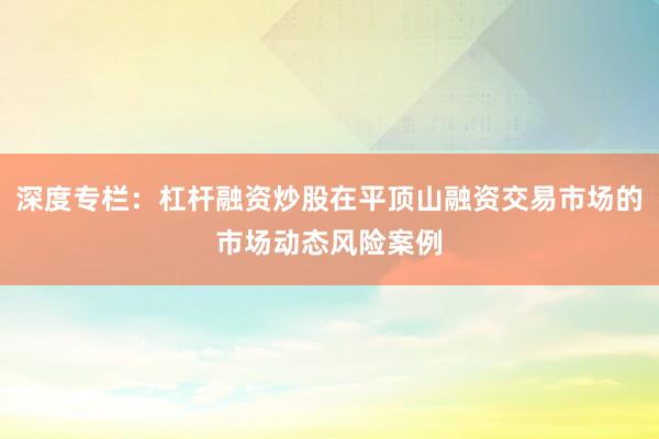 深度专栏：杠杆融资炒股在平顶山融资交易市场的市场动态风险案例