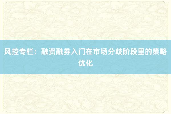 风控专栏：融资融券入门在市场分歧阶段里的策略优化