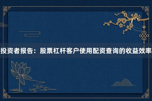 投资者报告：股票杠杆客户使用配资查询的收益效率