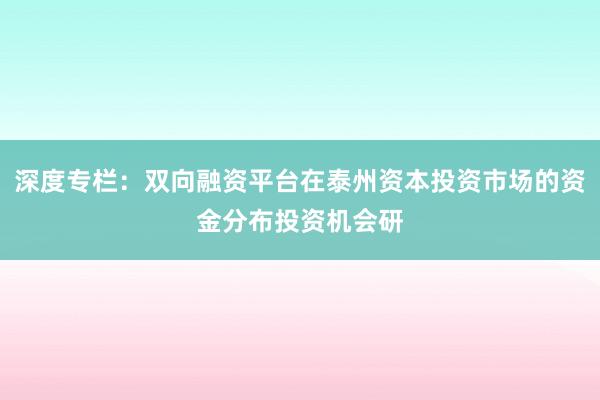 深度专栏：双向融资平台在泰州资本投资市场的资金分布投资机会研