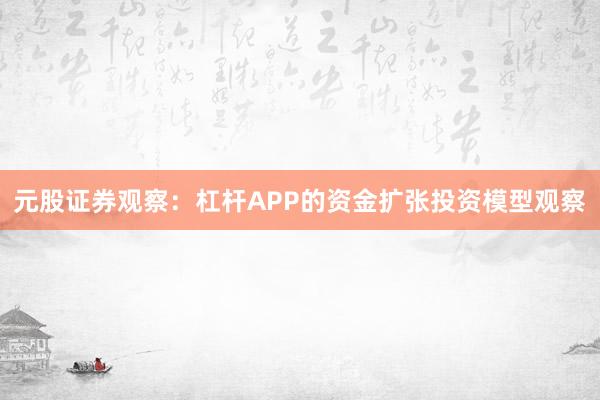 元股证券观察：杠杆APP的资金扩张投资模型观察