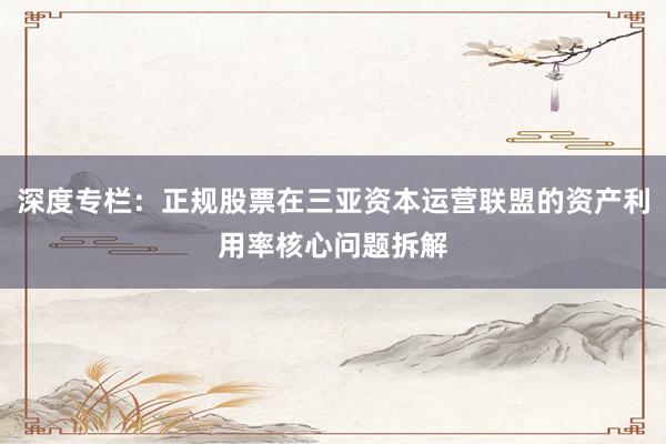 深度专栏：正规股票在三亚资本运营联盟的资产利用率核心问题拆解