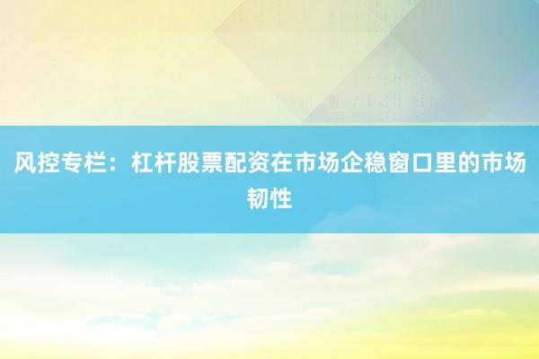 风控专栏:杠杆股票配资在市场企稳窗口里的市场韧性