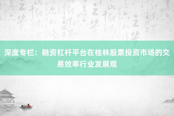 深度专栏：融资杠杆平台在桂林股票投资市场的交易效率行业发展观